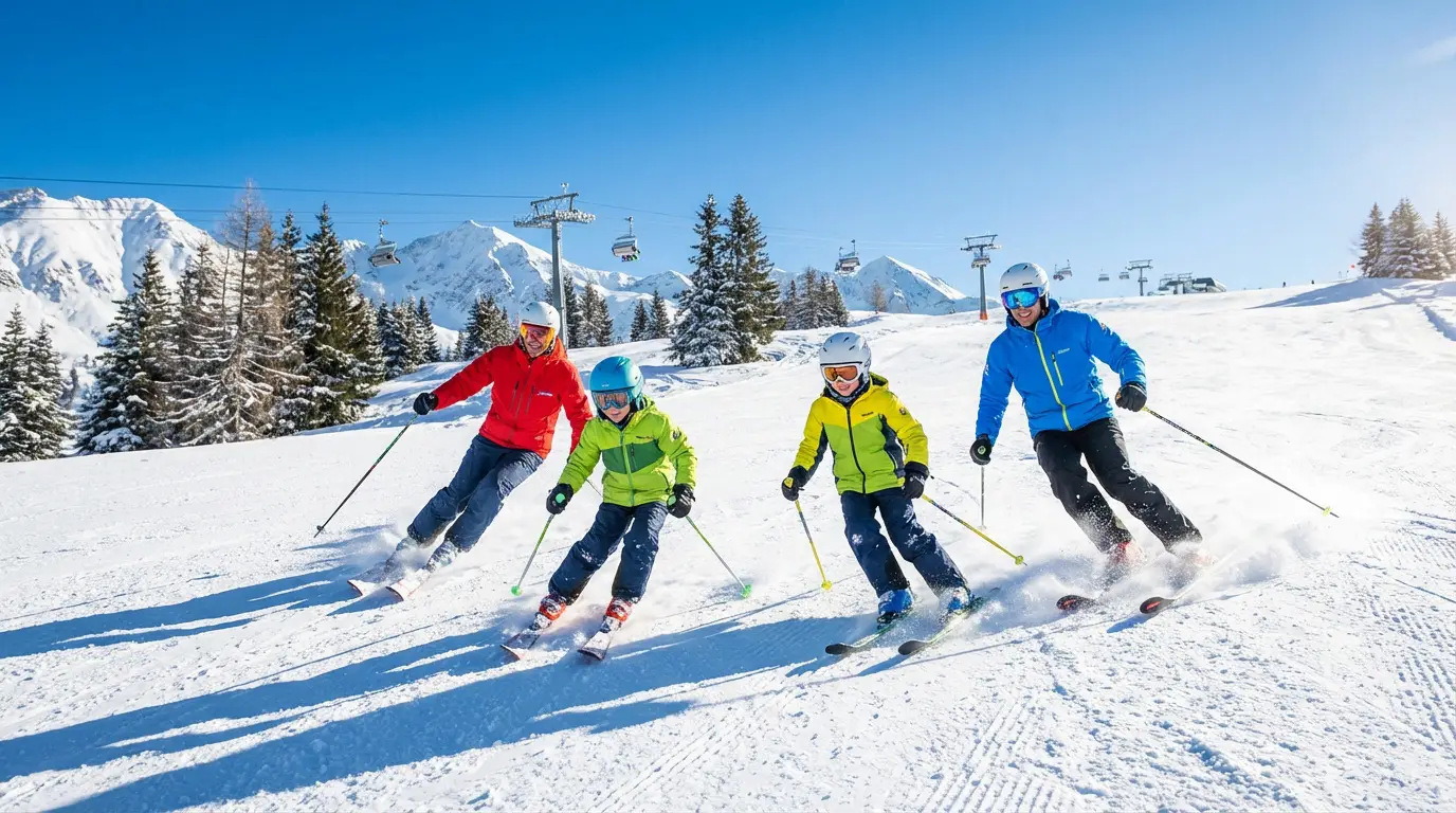 Famille (deux adultes, deux enfants) skie joyeusement sur une piste ensoleillée. Montagnes enneigées et télésièges à l'arrière-plan.