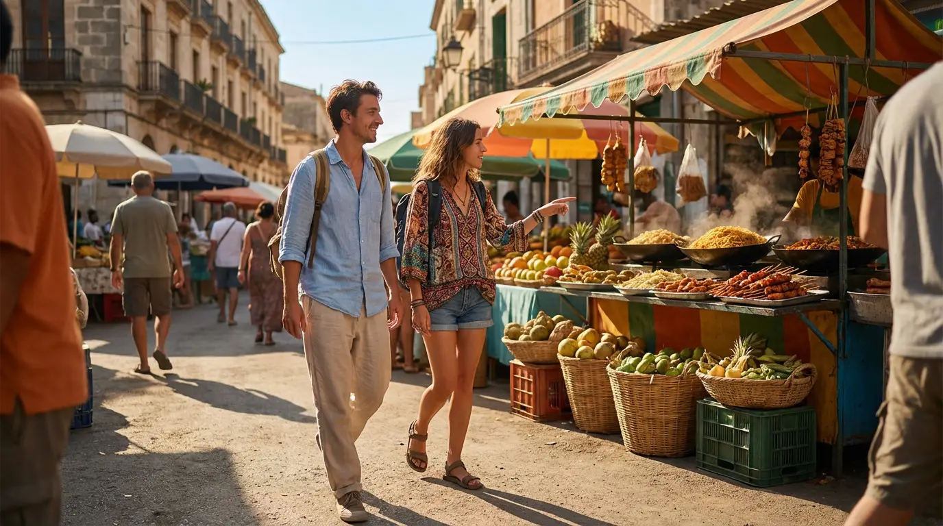 Couple souriant explorant un marché extérieur coloré avec des étals débordant de fruits frais, brochettes et plats chauds.