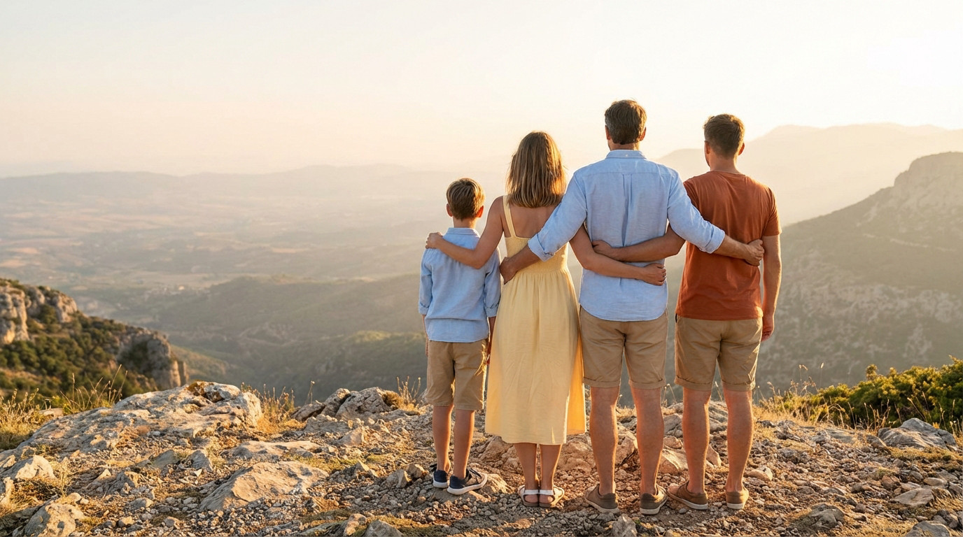 Famille de 4 (parents, 2 enfants) dos à la caméra sur un sommet rocheux, admirant un vaste paysage montagneux au soleil couchant.