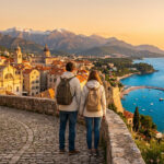 Un couple de dos observe une ville côtière européenne aux toits rouges, la mer et des montagnes enneigées au soleil couchant.