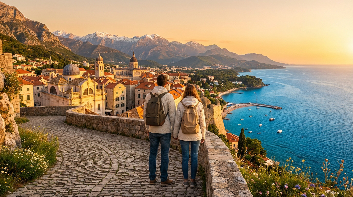Un couple de dos observe une ville côtière européenne aux toits rouges, la mer et des montagnes enneigées au soleil couchant.