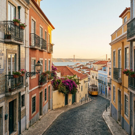 Ruelle pavée de Lisbonne avec tramway jaune, bâtiments colorés en azulejos, balcons fleuris et le pont 25 de Abril au loin.