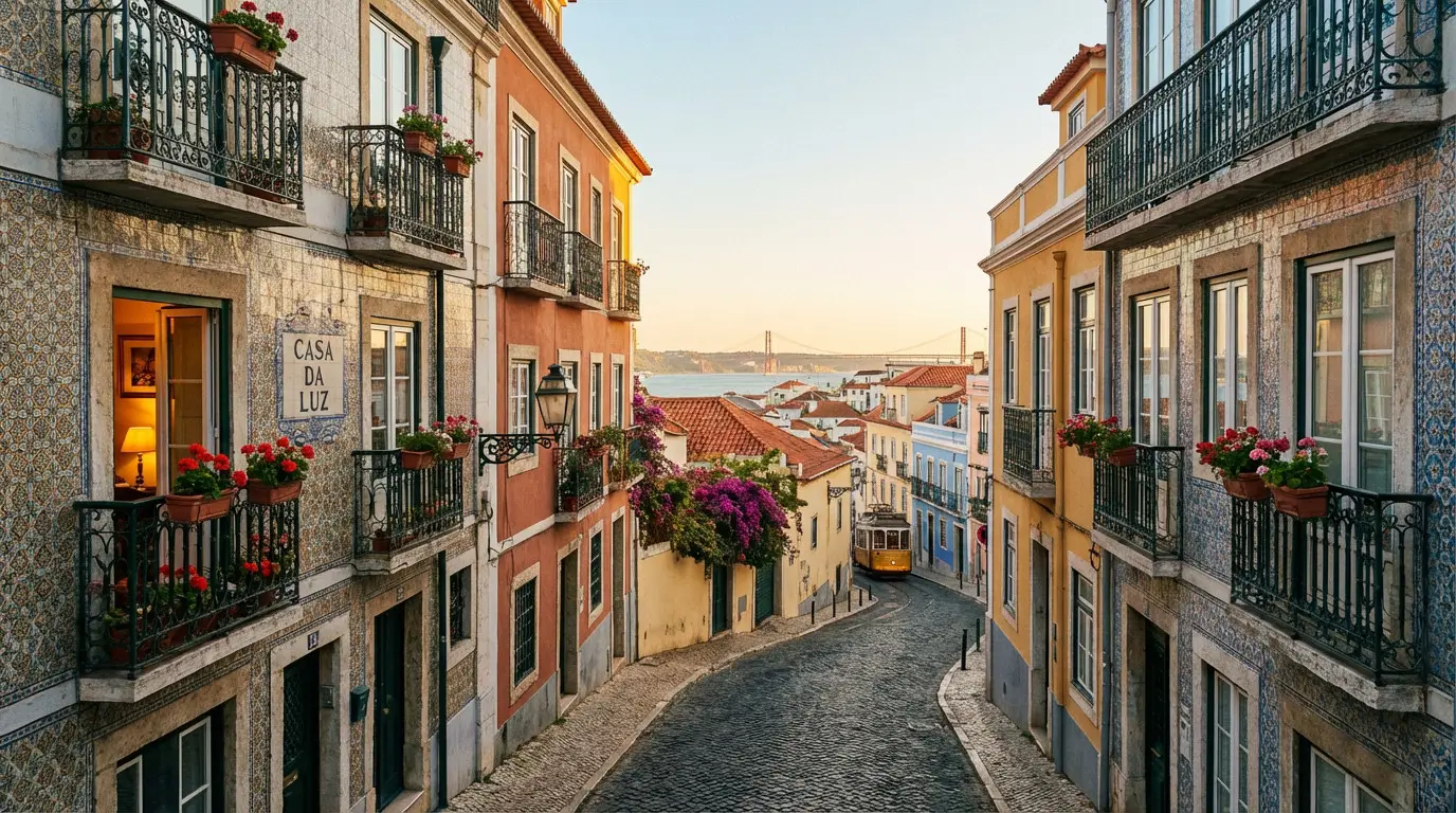 Où dormir à Lisbonne : choisir son quartier et conseils Ruelle pavée de Lisbonne avec tramway jaune, bâtiments colorés en azulejos, balcons fleuris et le pont 25 de Abril au loin.