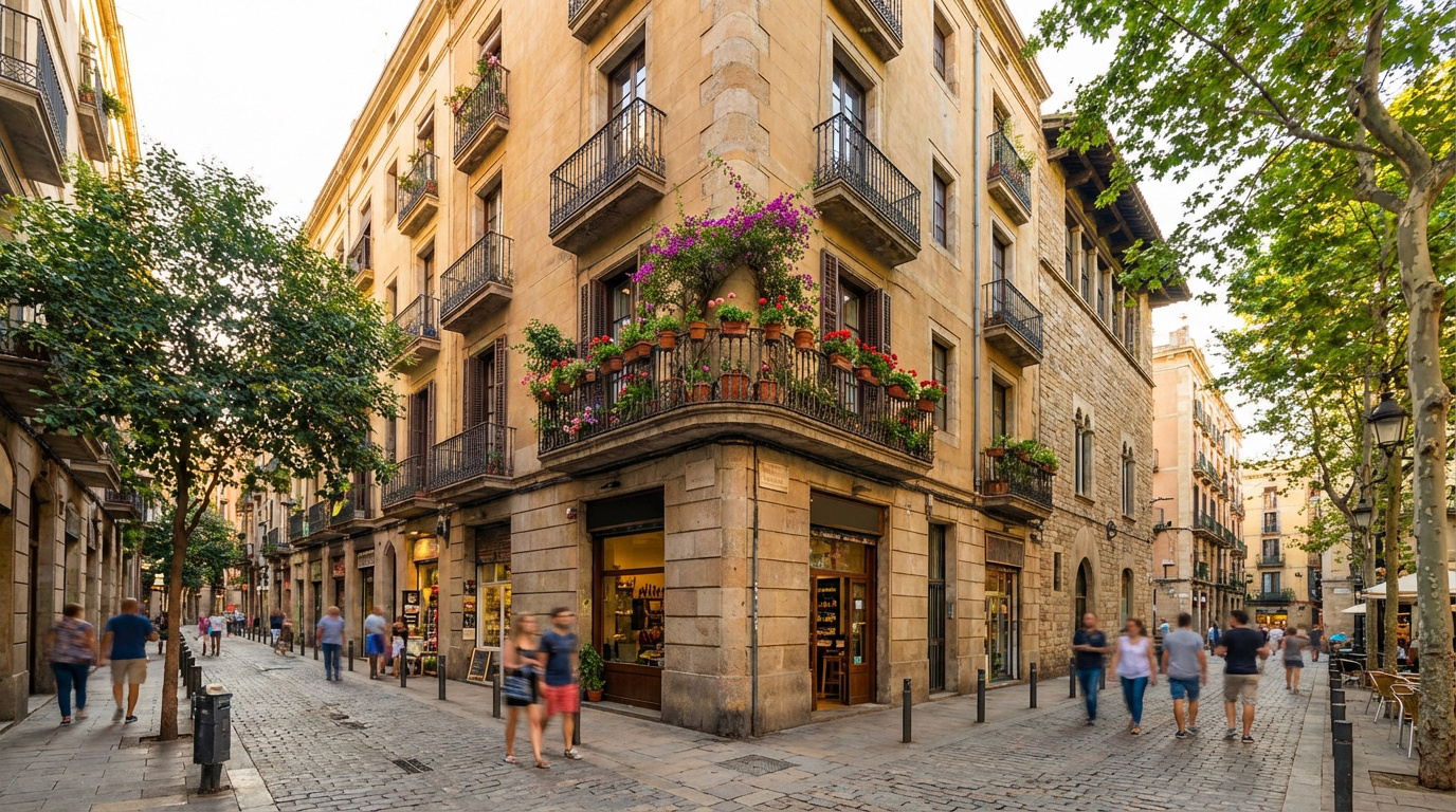 Rue pavée historique de Barcelone. Un bâtiment de coin aux balcons en fer forgé est orné de bougainvilliers et de fleurs.