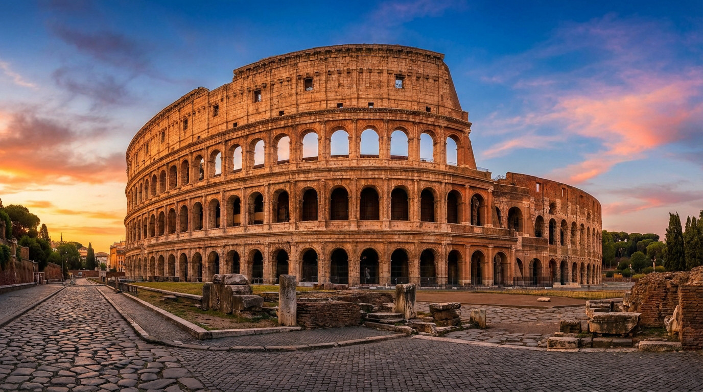 Le Colisée, amphithéâtre antique de Rome, illuminé par un coucher de soleil rose-orangé. Rues pavées et ruines romaines au premier plan.