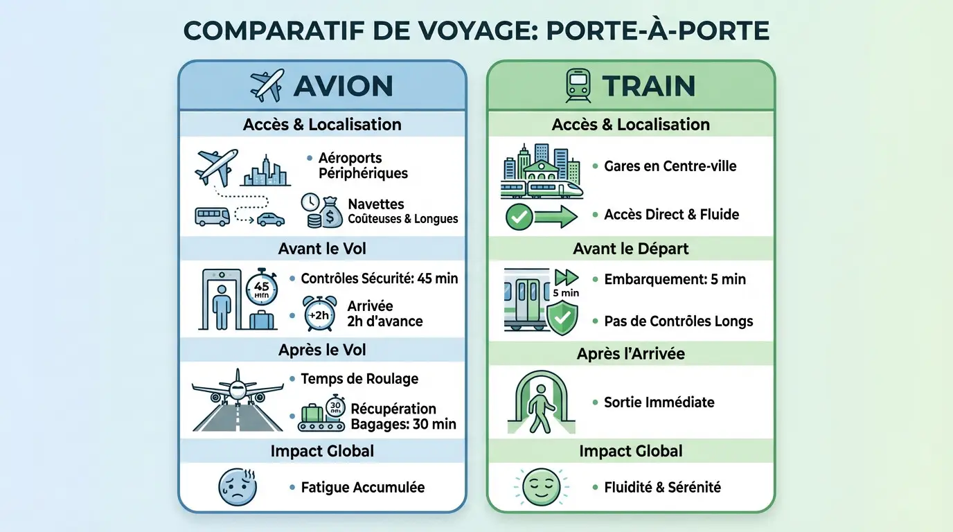 Graphique comparatif du temps de trajet porte-à-porte entre le train et l'avion