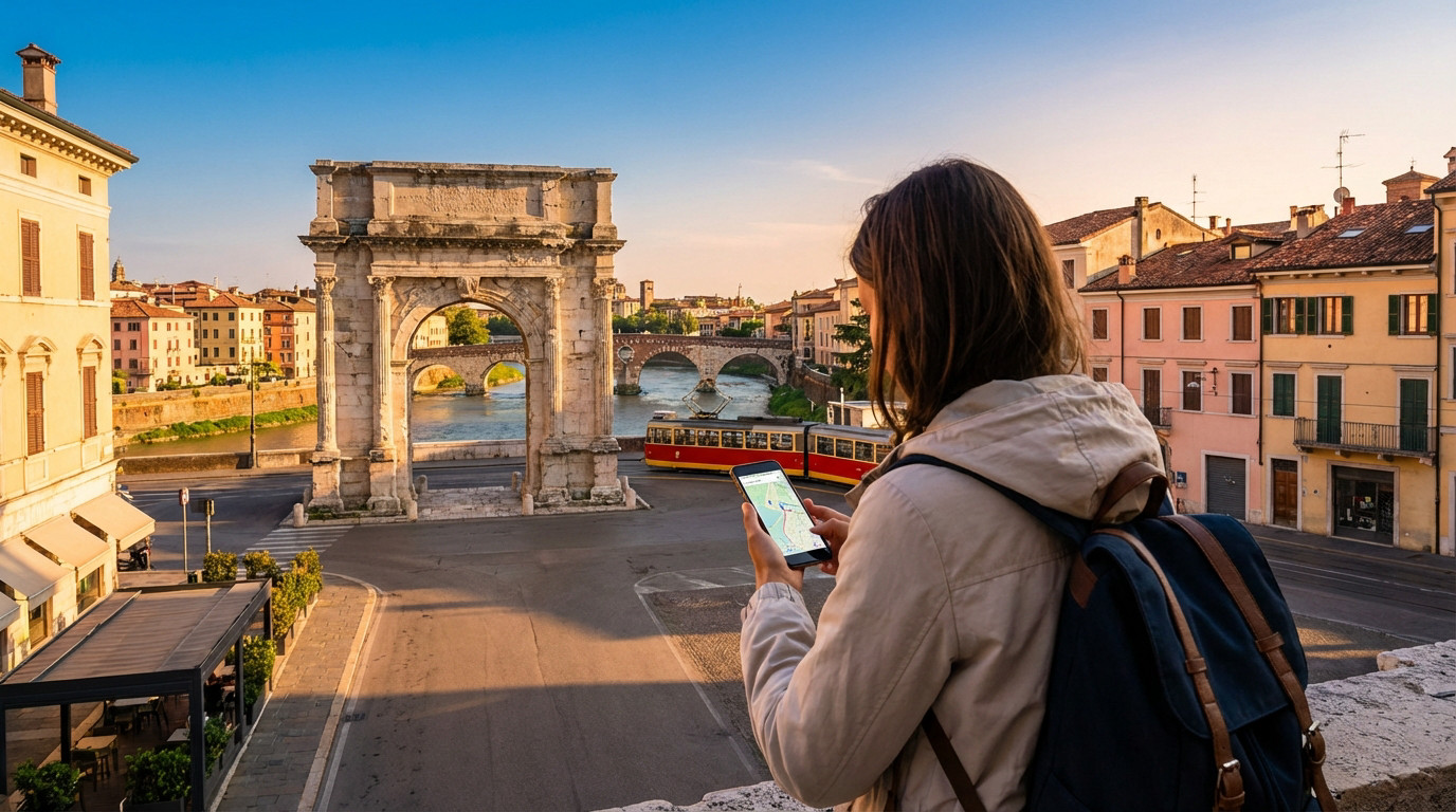 Préparer son premier voyage : l’essentiel pour réussir Femme de dos avec sac à dos consultant son smartphone dans une ville européenne historique. Arc de triomphe, rivière, ponts et tramway en arrière-plan.