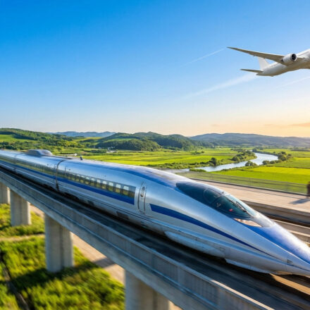 Train TGV argenté sur viaduc et avion décollant au-dessus d'un paysage verdoyant, sous un ciel bleu et soleil couchant.