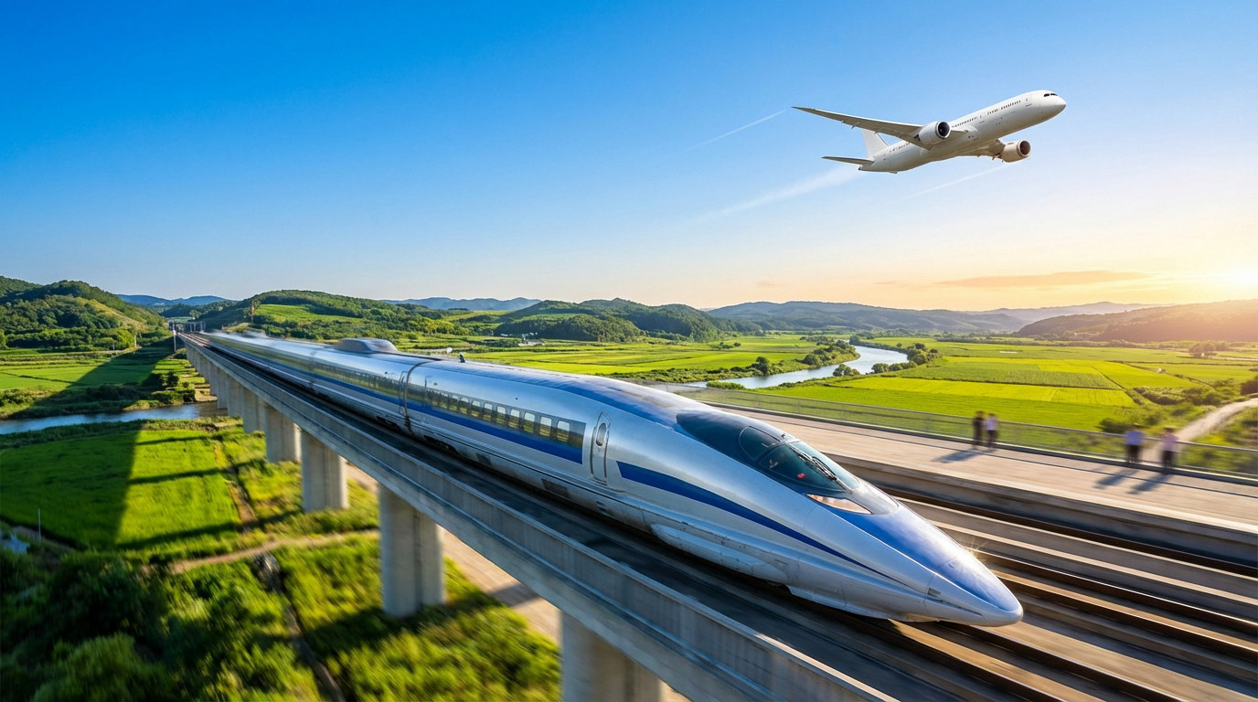 Train TGV argenté sur viaduc et avion décollant au-dessus d'un paysage verdoyant, sous un ciel bleu et soleil couchant.
