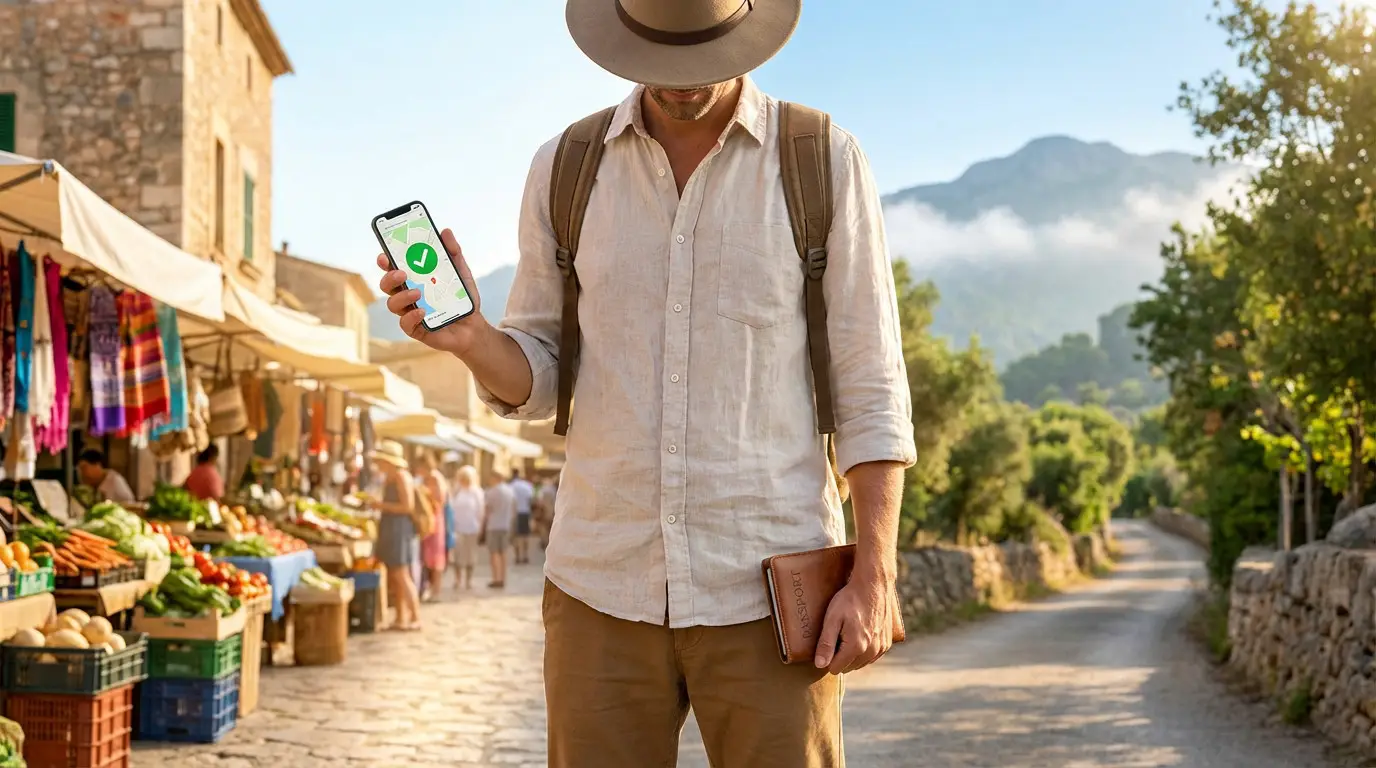 Homme voyageur avec chapeau et sac à dos, tenant smartphone (carte verte) et passeport. Marché animé et route de montagne.