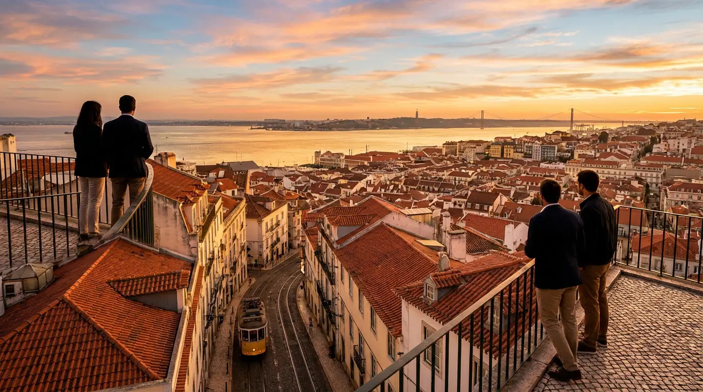 Lisbonne en 3 jours : itinéraire et conseils pratiques Vue aérienne de Lisbonne au coucher du soleil. Des personnes contemplent la ville, le Tage, le Pont du 25 Avril et un tram jaune.