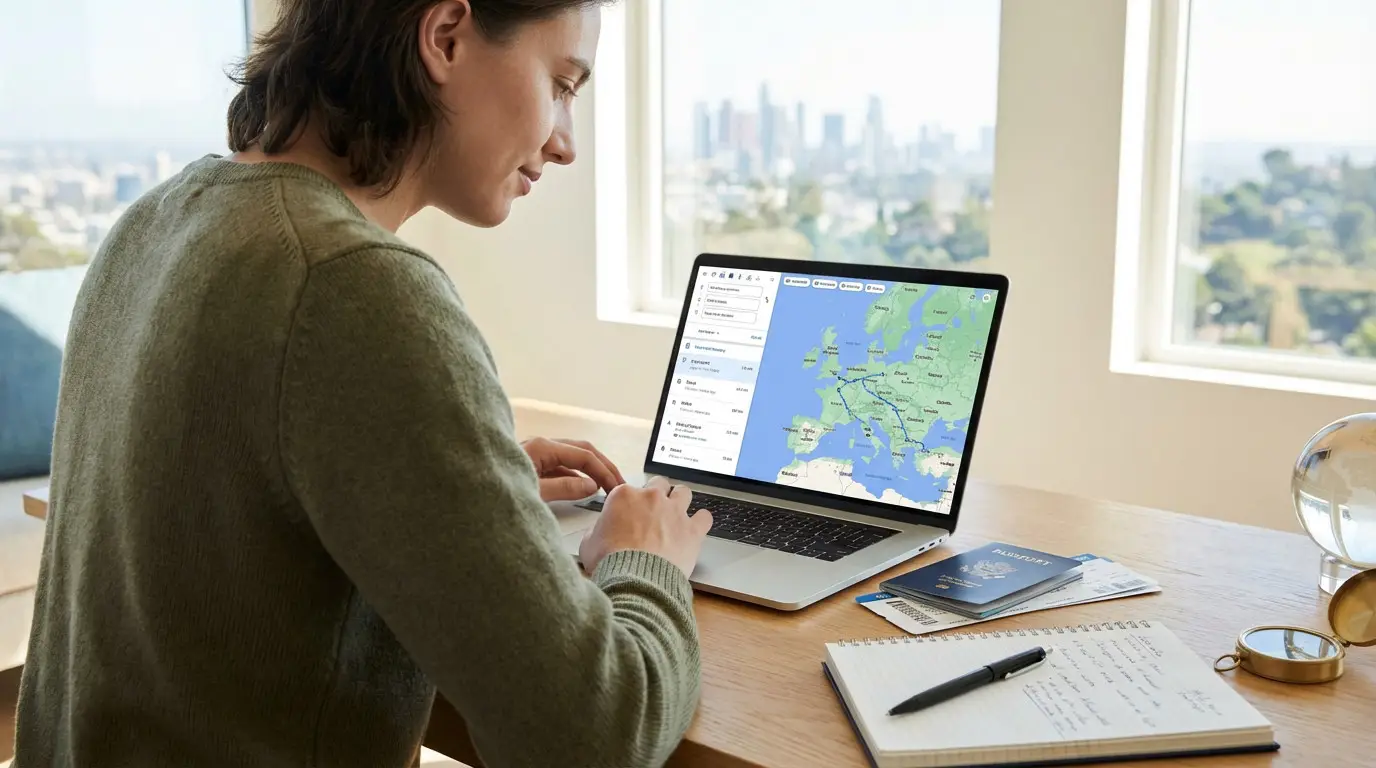 Erreurs d’organisation de voyage : réussir vos préparatifs Personne organisant son voyage sur un laptop avec une carte de l'Europe affichée. Passeport et carnet à côté.