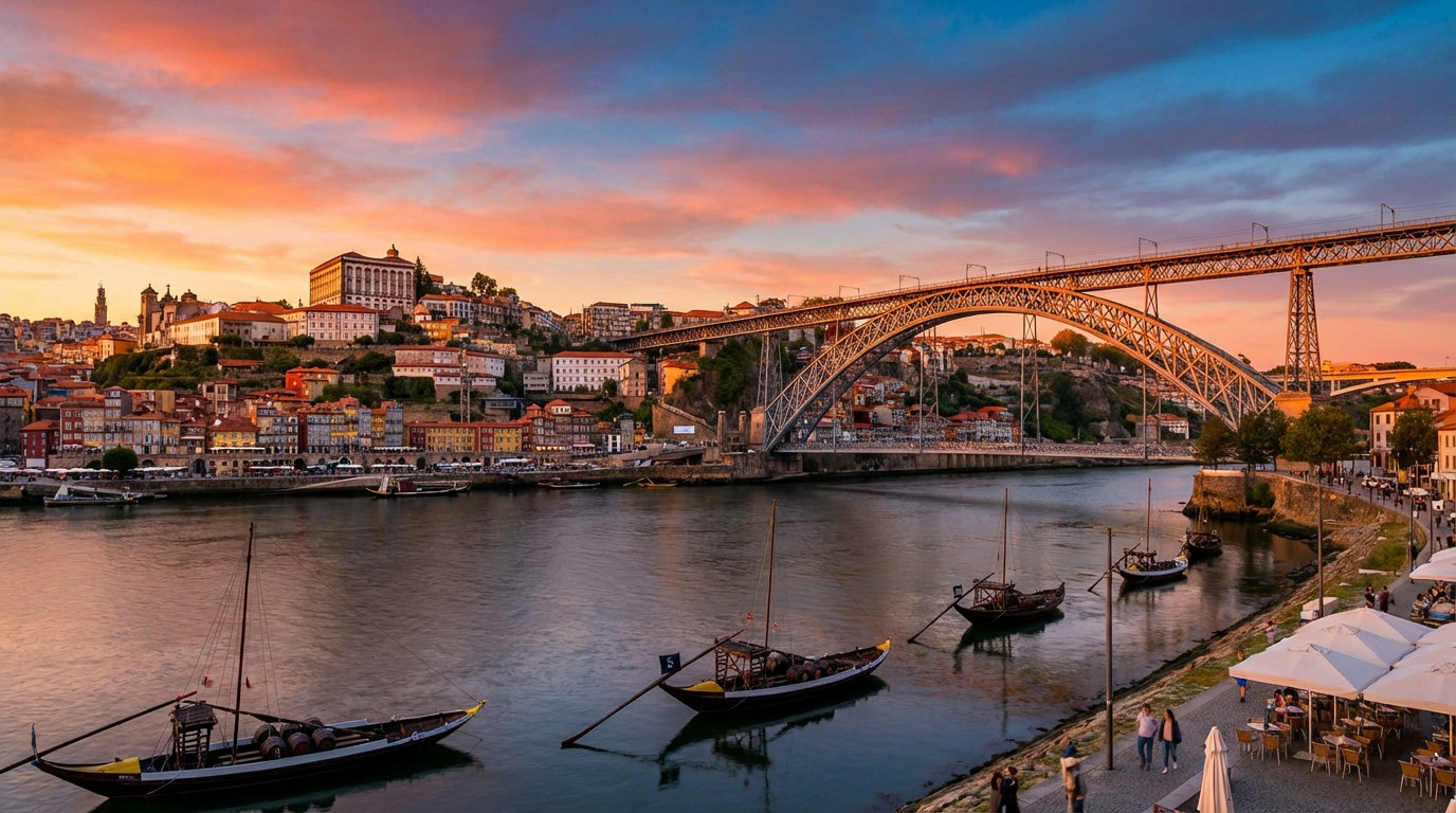 Transfert aéroport-hôtel : quelle option choisir ? Vue panoramique de Porto au coucher du soleil, avec le pont Dom Luís I enjambant le Douro, des rabelos et les façades colorées de la Ribeira.