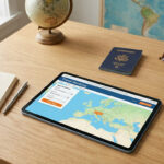 Bureau en bois avec carnet de voyage pour l'Italie, tablette de réservation, passeport, appareil photo et globe terrestre.