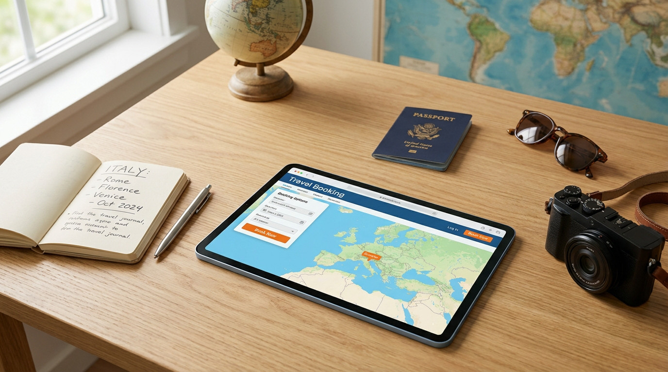 Bureau en bois avec carnet de voyage pour l'Italie, tablette de réservation, passeport, appareil photo et globe terrestre.