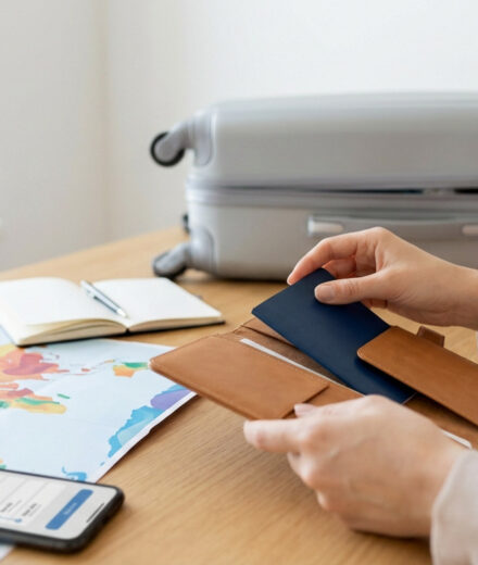 Mains organisant un passeport près d'une carte du monde, un smartphone avec itinéraire, un carnet et une valise ouverte.