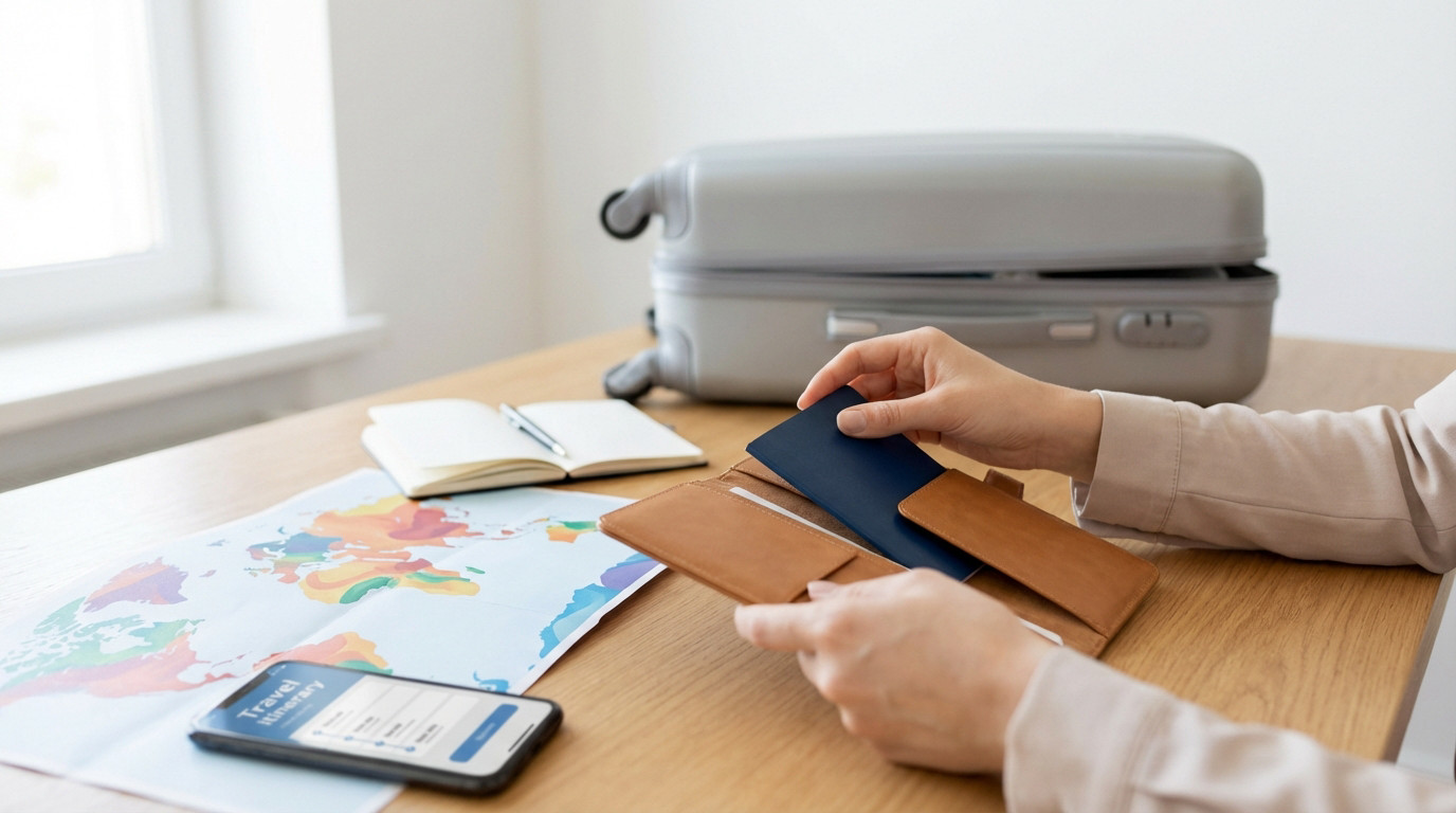 Mains organisant un passeport près d'une carte du monde, un smartphone avec itinéraire, un carnet et une valise ouverte.