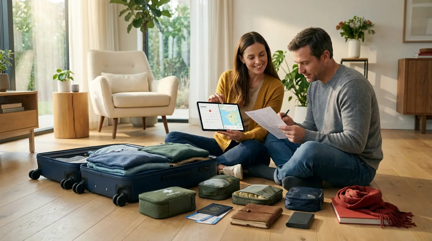 Couple souriant planifiant un voyage avec une checklist papier et une tablette. Valise ouverte, passeports et accessoires de voyage au sol.
