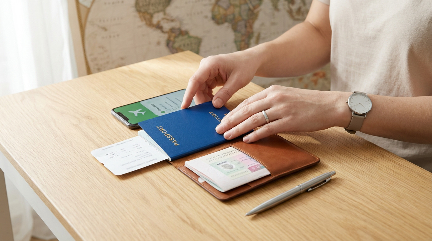 Une personne organise ses documents de voyage : passeport bleu, billets, smartphone avec appli voyage sur une table en bois.