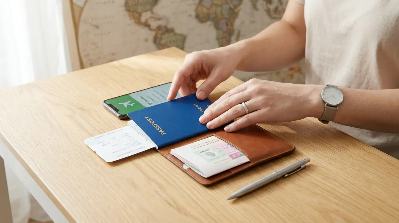 Documents de voyage étranger : formalités et obligations Une personne organise ses documents de voyage : passeport bleu, billets, smartphone avec appli voyage sur une table en bois.
