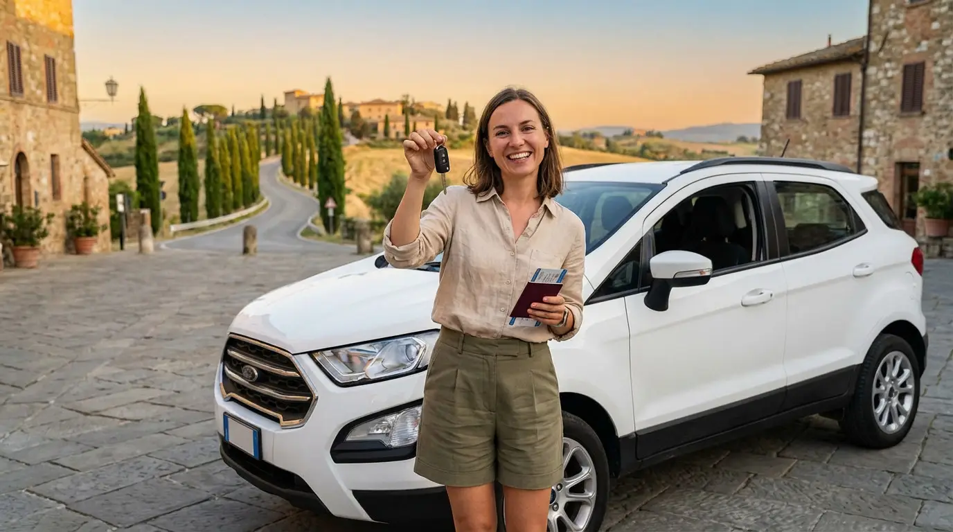 Femme souriante avec clés de voiture et passeport devant un SUV blanc. Arrière-plan : village européen et route sinueuse.
