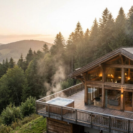 Chalet en bois avec jacuzzi sur terrasse, vue sur forêt des Vosges au lever du soleil. Vapeur du spa monte dans les pins.