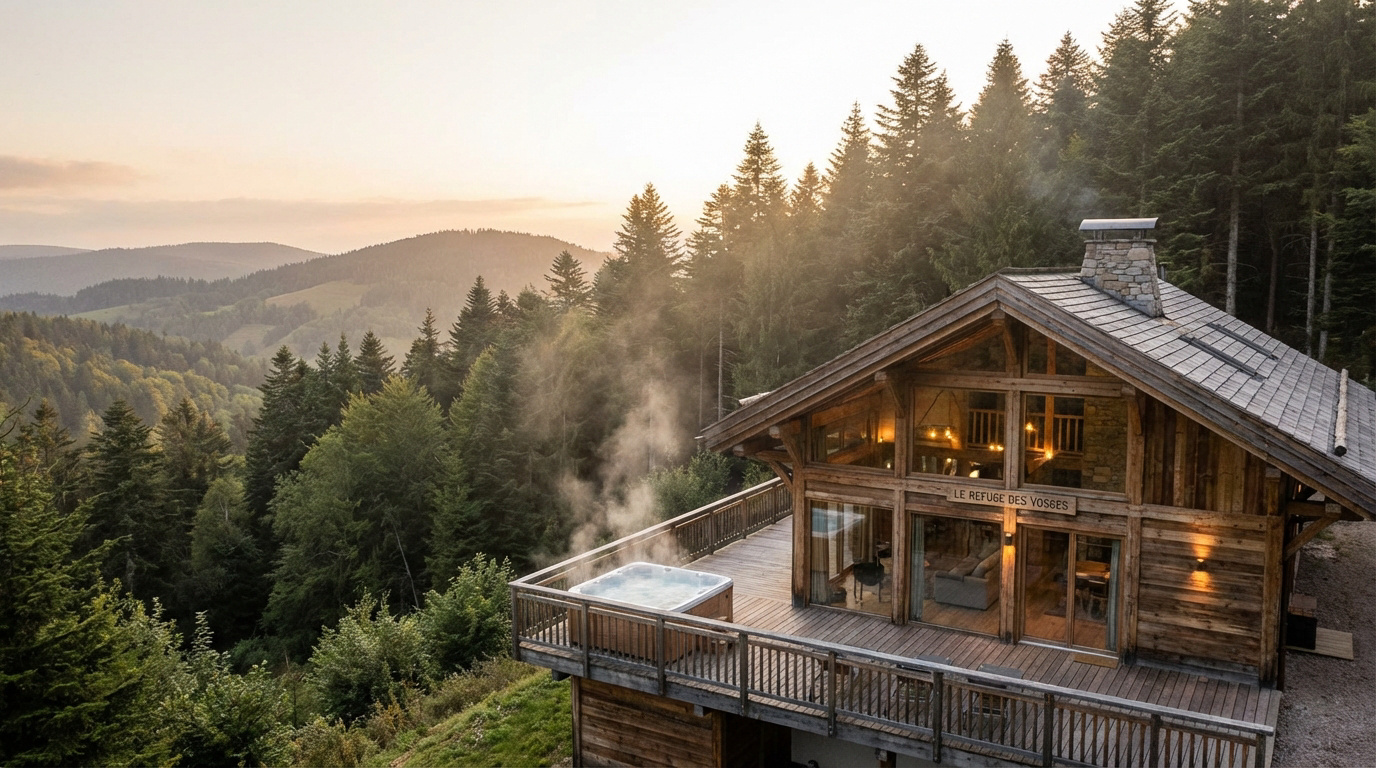 Chalet en bois avec jacuzzi sur terrasse, vue sur forêt des Vosges au lever du soleil. Vapeur du spa monte dans les pins.