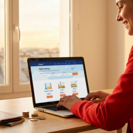 Femme souriante réservant un vol en ligne depuis Paris, la Tour Eiffel visible par la fenêtre. Passeport et monnaie sur la table.