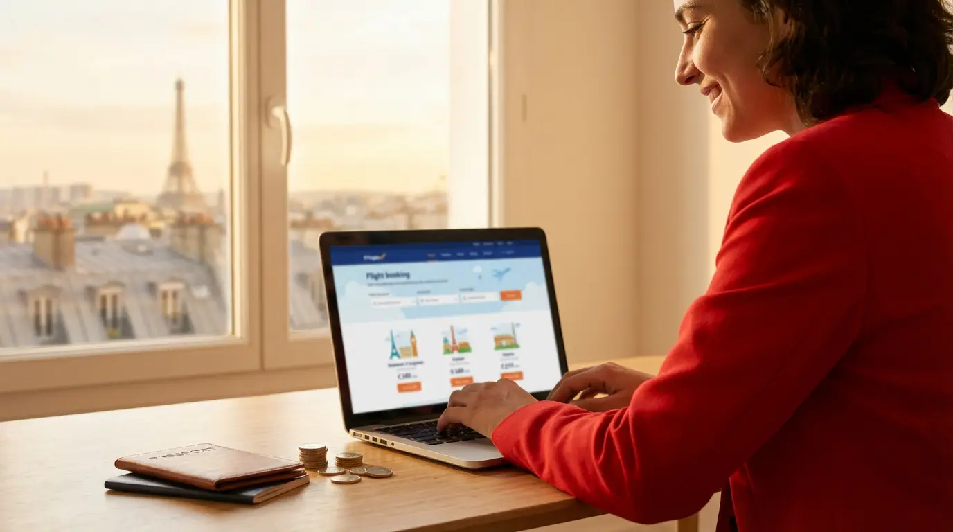 Vol pas cher en Europe : nos conseils pour payer moins cher Femme souriante réservant un vol en ligne depuis Paris, la Tour Eiffel visible par la fenêtre. Passeport et monnaie sur la table.