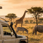 Avis réserve Sigean : le guide pour optimiser votre safari Safari africain: famille observe girafe, zèbre et rhinocéros depuis un 4x4. Savane dorée au coucher du soleil.