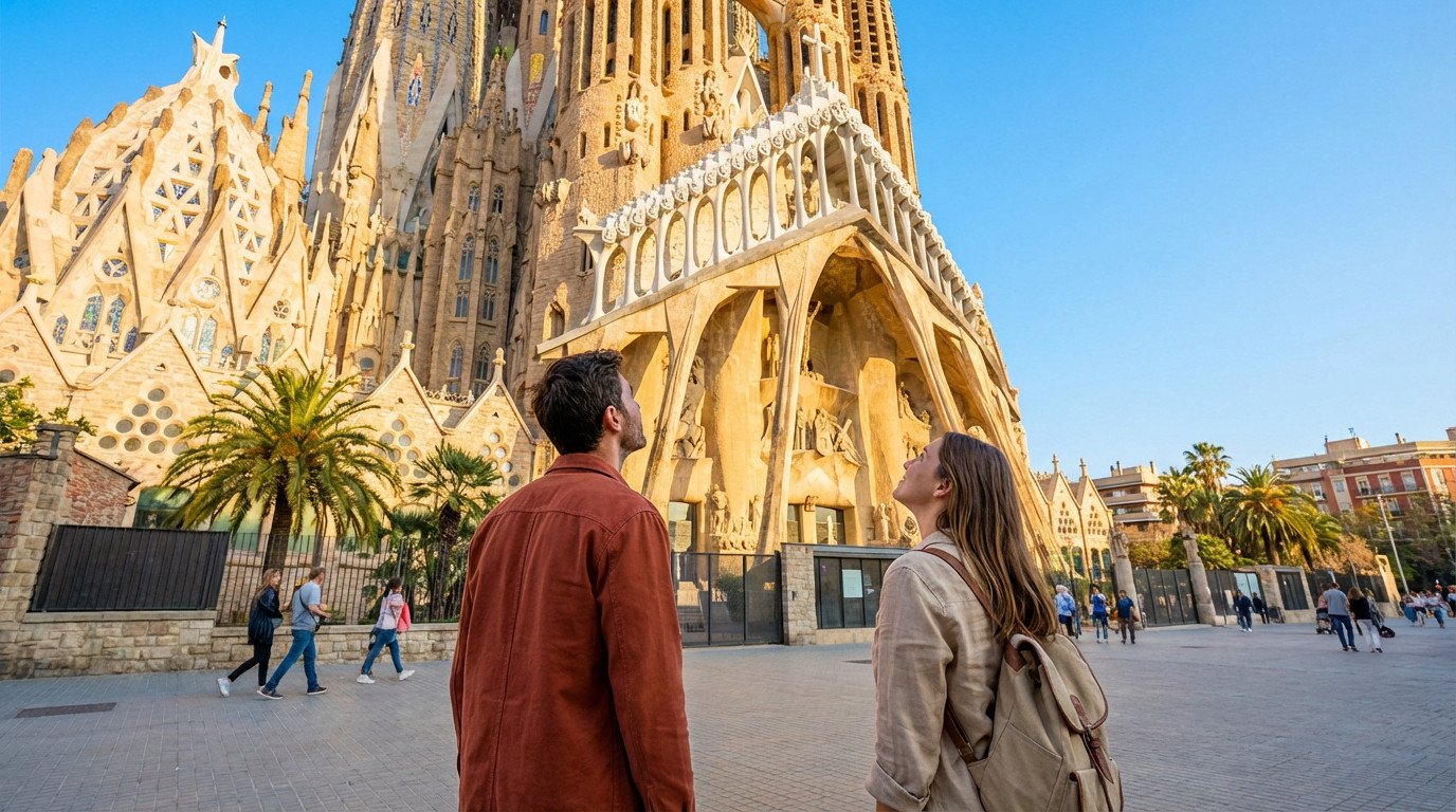 Un couple de touristes admire la façade détaillée de la Sagrada Família à Barcelone, sous un ciel bleu clair.