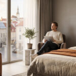 Un homme se détend dans un fauteuil d'hôtel, tablette en main, admirant une vue pittoresque sur une vieille ville.