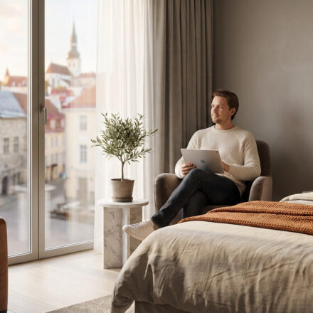 Un homme se détend dans un fauteuil d'hôtel, tablette en main, admirant une vue pittoresque sur une vieille ville.