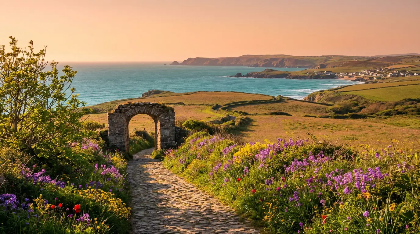 Où partir en avril : les meilleures destinations de voyage Chemin de pierre bordé de fleurs violettes et jaunes menant à une arche de pierre, mer turquoise et falaises en arrière-plan.