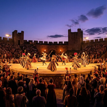 Grand spectacle nocturne médié Fou du Puy du Fou. Danseurs en costumes d'époque sur scène circulaire, devant des murs de château et un public immense.