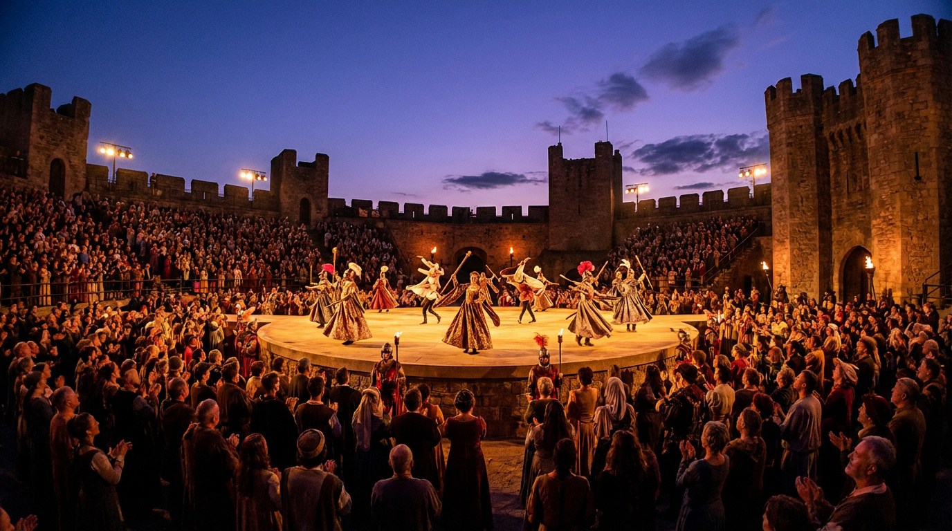 Grand spectacle nocturne médié Fou du Puy du Fou. Danseurs en costumes d'époque sur scène circulaire, devant des murs de château et un public immense.