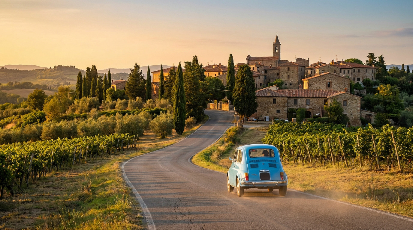 Transfert aéroport-hôtel : quelle option choisir ? Une Fiat 500 bleue vintage roule sur une route sinueuse au milieu des vignobles et des cyprès vers un village toscan au coucher du soleil.