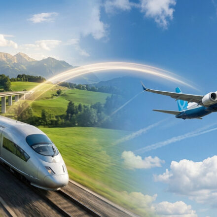 Composite : train argenté traversant une vallée verdoyante et montagnes, face à un avion bleu et blanc en plein ciel.