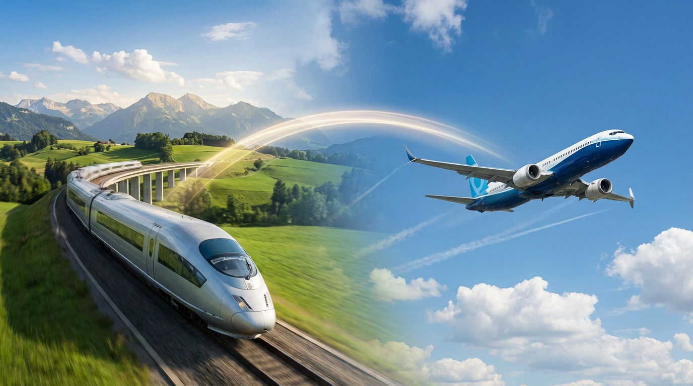 Composite : train argenté traversant une vallée verdoyante et montagnes, face à un avion bleu et blanc en plein ciel.