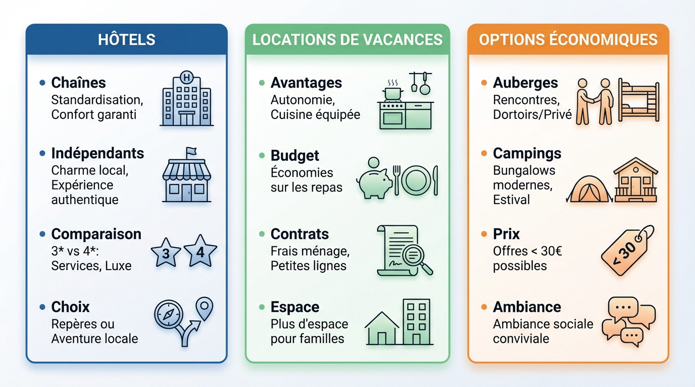 Différents types d'hébergements pour voyageurs : hôtels, locations et auberges
