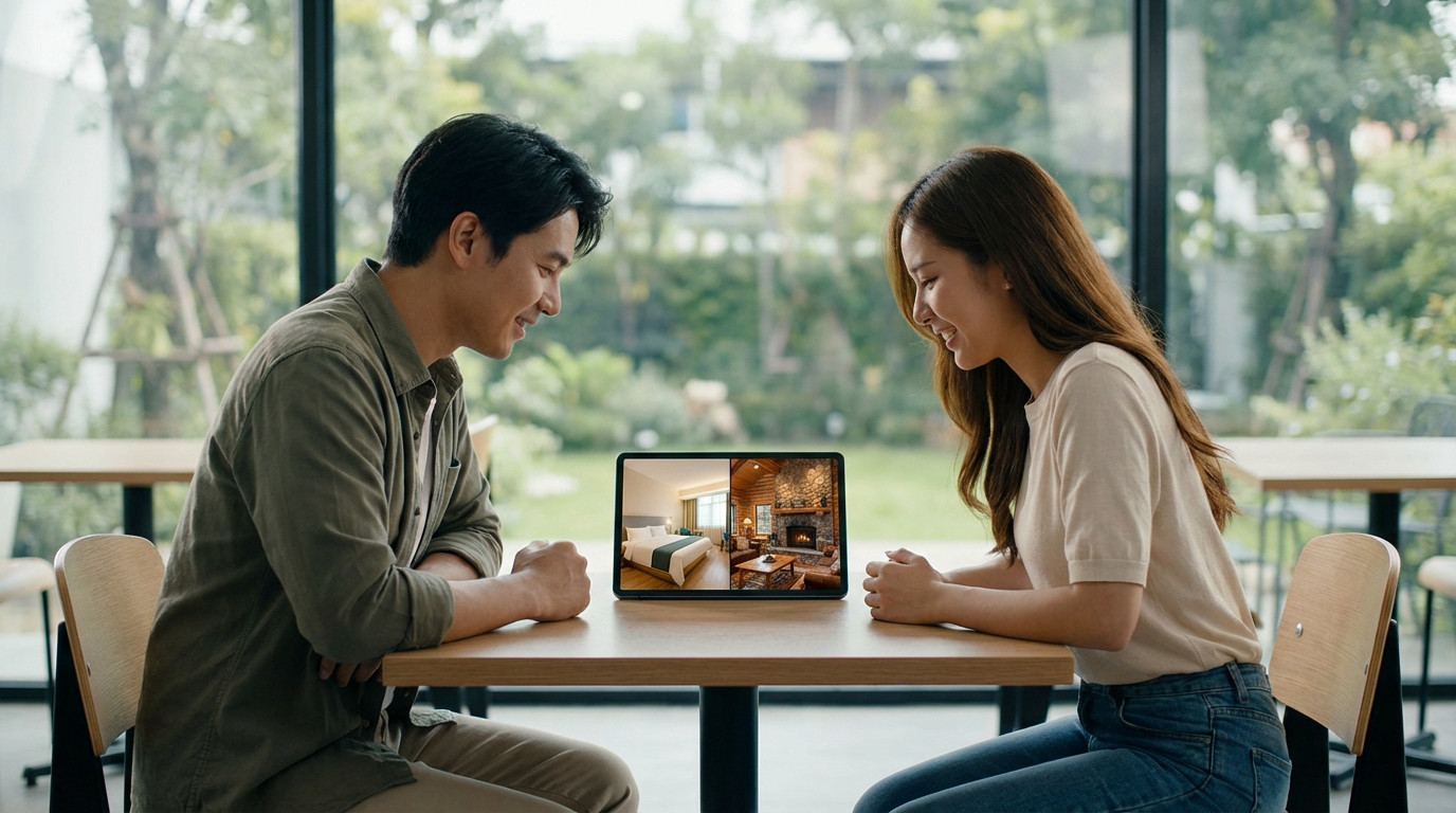 Un couple souriant regarde des options d'hôtel et de location de vacances sur une tablette posée sur une table.