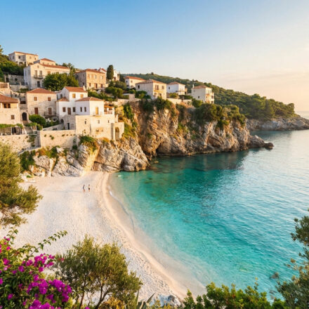 Vue d'un village méditerranéen sur une falaise rocheuse, avec plage de sable blanc et mer turquoise. Fleurs fuchsia au premier plan.