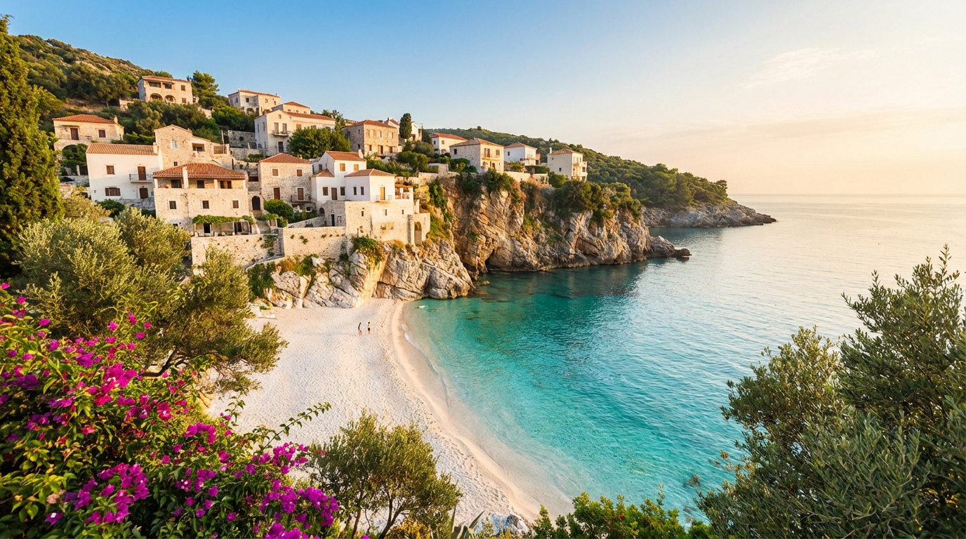 Où partir en mai pour profiter du soleil et du calme Vue d'un village méditerranéen sur une falaise rocheuse, avec plage de sable blanc et mer turquoise. Fleurs fuchsia au premier plan.