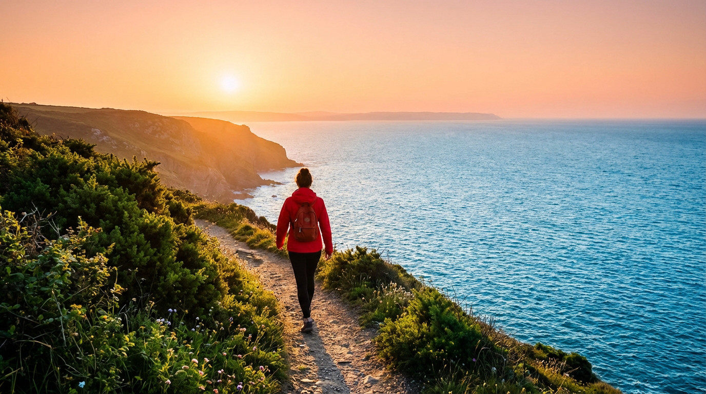Voyageuse en veste rouge et sac à dos sur un chemin côtier bordé de verdure, face à un océan étincelant au lever du soleil.