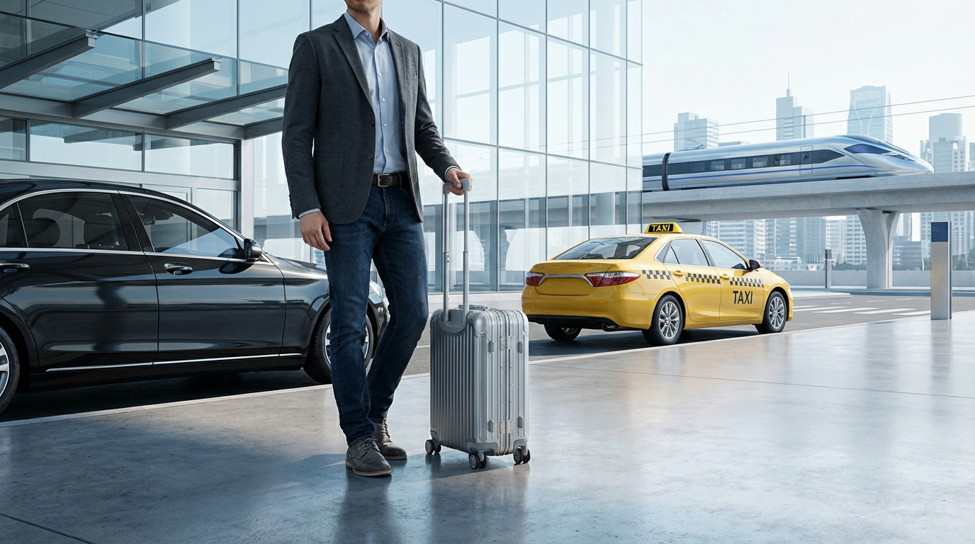 Transfert aéroport-hôtel : quelle option choisir ? Homme avec valise devant un aéroport moderne. Un VTC noir, un taxi jaune et un train surélevé montrent les options de transfert.