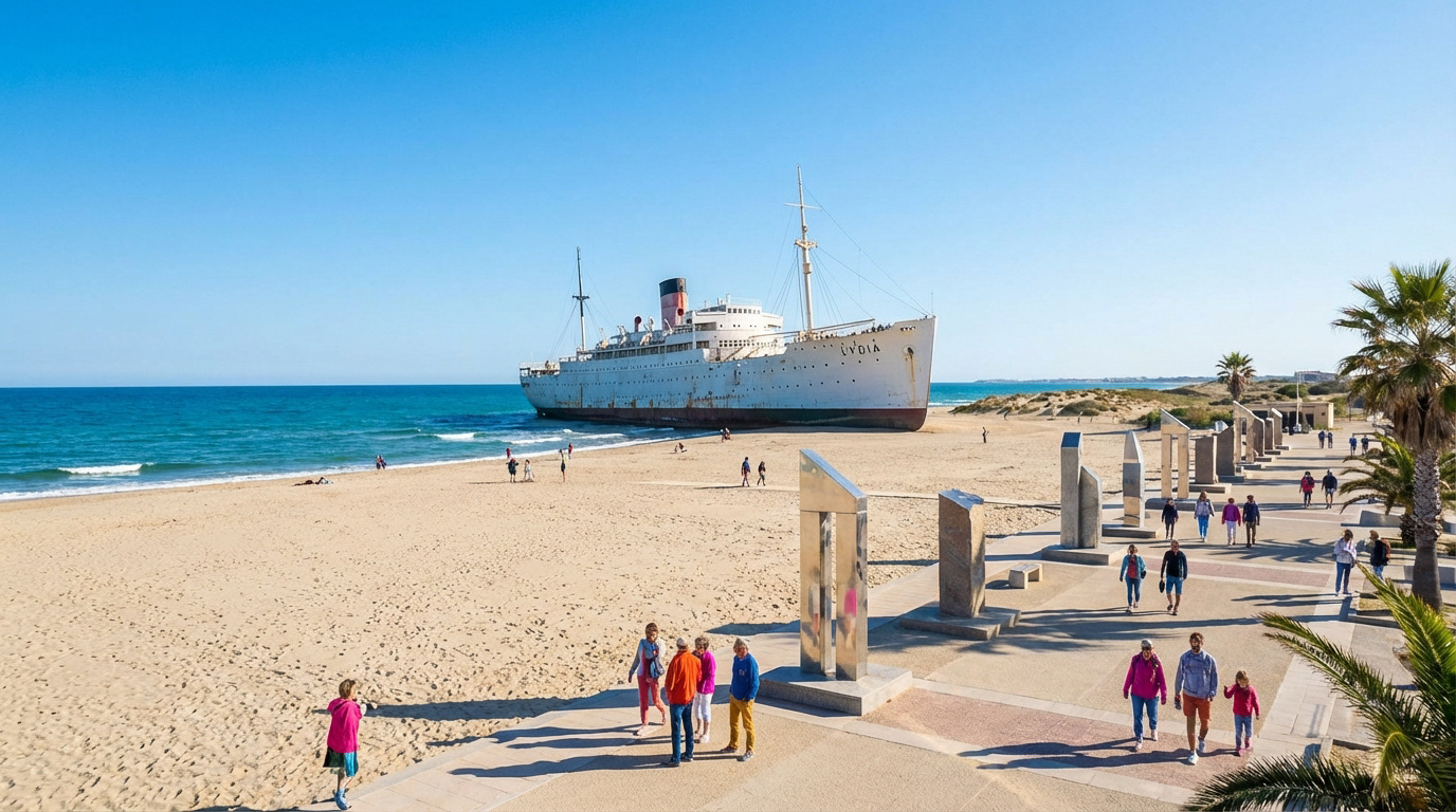 Le paquebot Lydia, échoué sur une plage ensoleillée de Barcarès. Des personnes se promènent sur le sable et le front de mer.