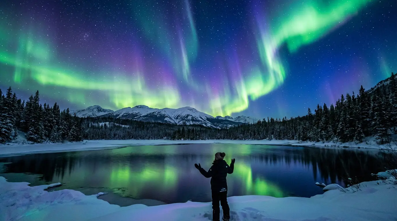Personne face à un lac gelé, entouré de montagnes et de forêts enneigées, sous de vives aurores boréales vertes et violettes.