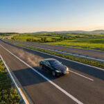 Une voiture noire roule rapidement sur une autoroute moderne traversant des champs verts sous un ciel clair au coucher du soleil.
