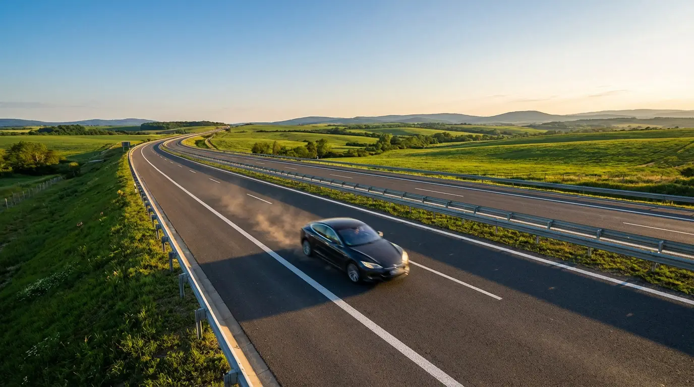 Autoroute A69 : tout sur le tracé et les tarifs en 2026 Une voiture noire roule rapidement sur une autoroute moderne traversant des champs verts sous un ciel clair au coucher du soleil.