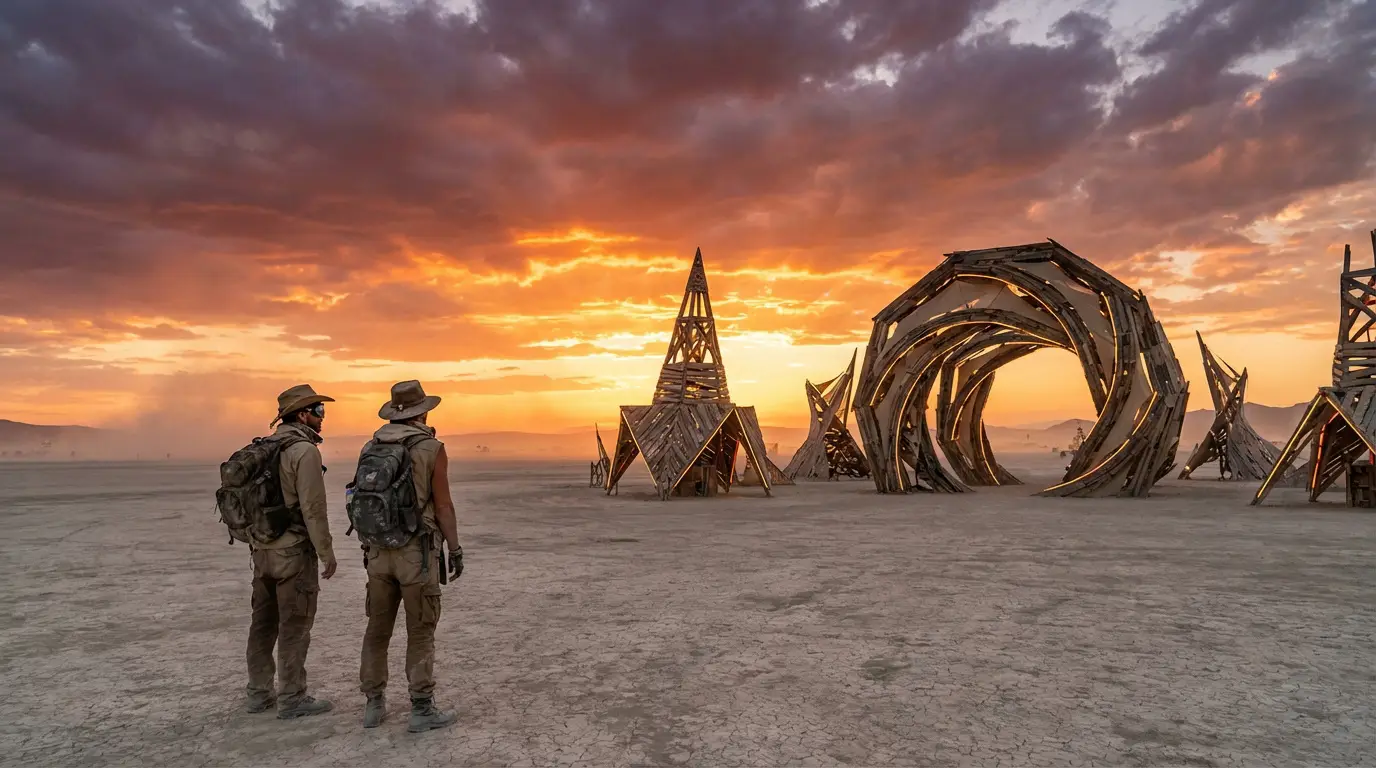 Vue de dos de deux participants du Burning Man avec sacs à dos, face à des œuvres d'art géantes en bois sous un ciel orange et violet.